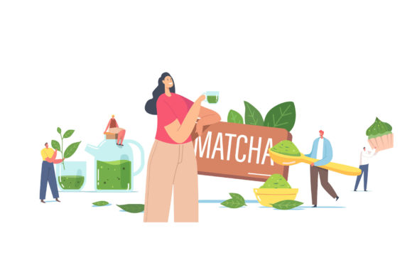 People Drinking Matcha Tea Concept. Tiny